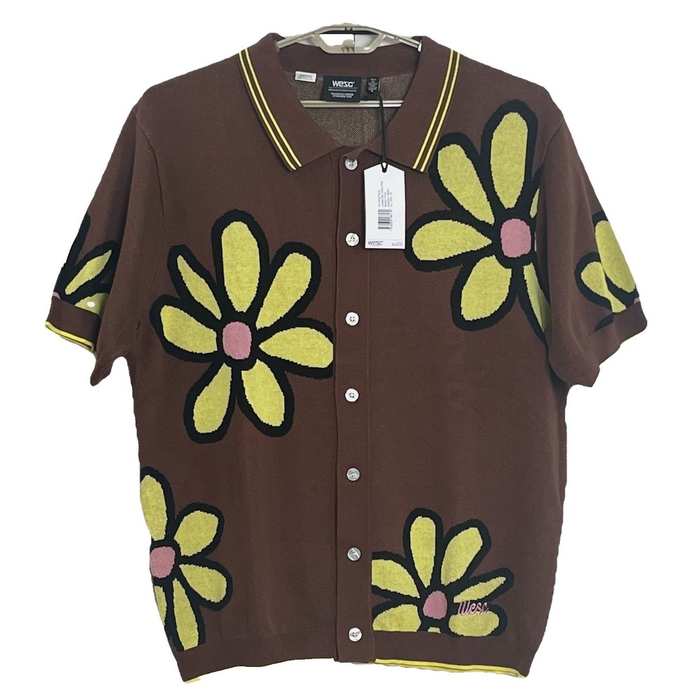 NWT WeSC Unisex‎ Knit Polo Shirt M/L Brown Yellow Daisy Floral Button Up Retro